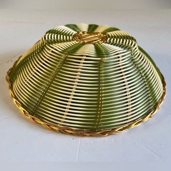 Vintage Woven Green and White Basket Bowl with Gold-Tone Trim – Decorative MCM - Picture 3 of 6